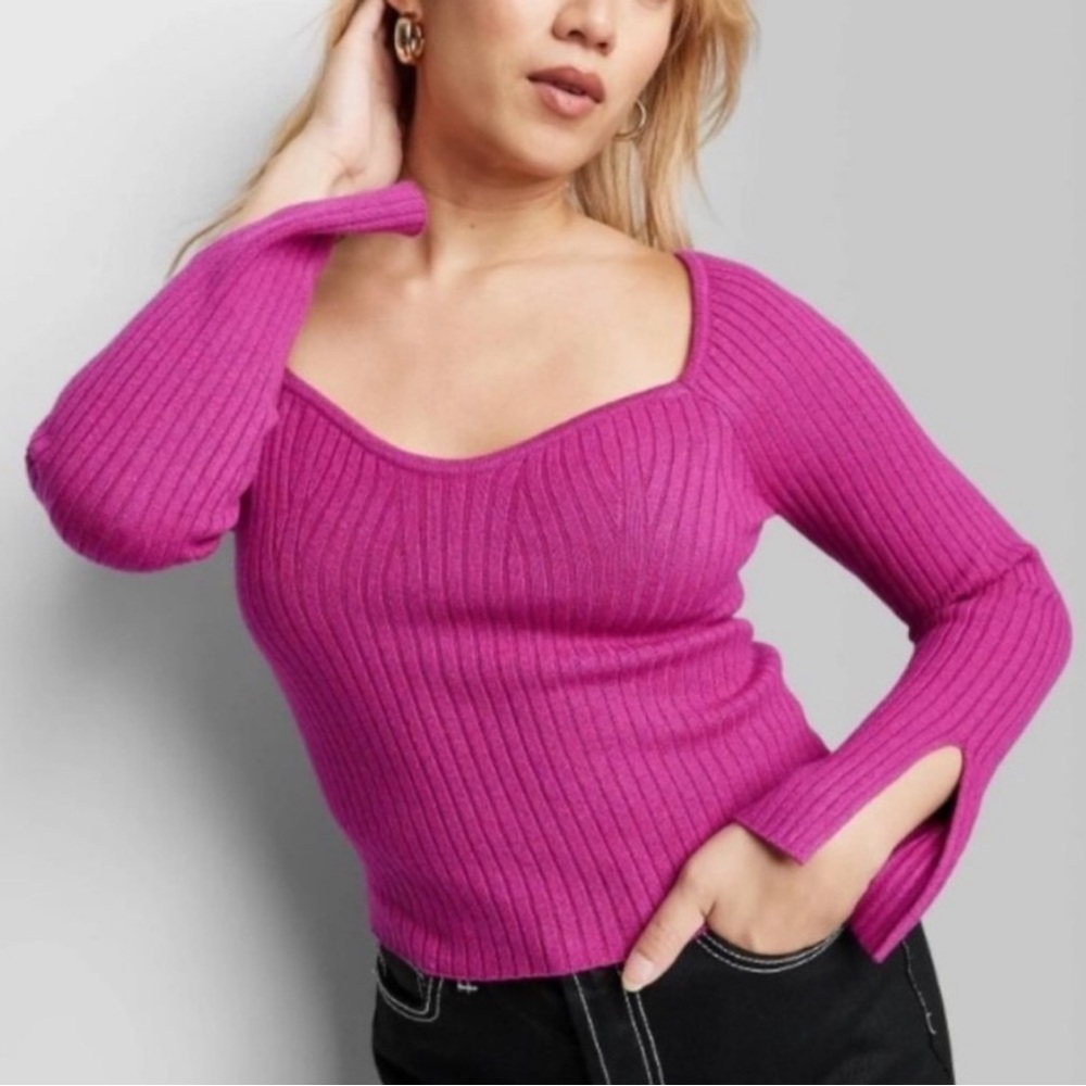 Wild Fable Purple Crop Knit Sweater Sweetheart Neck Split Wrist Long Sle…
